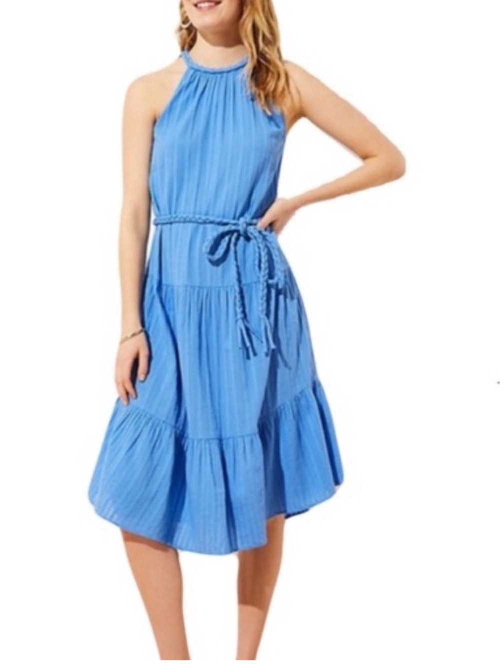 LOFT Beach Braided Belt Halter Blue Midi Dress Large Cotton Coastal Feminine